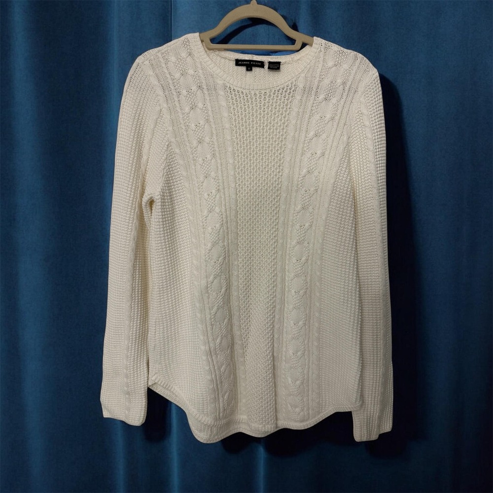 Jeanne Pierre Womens Medium Cream White 100% Cotton Cable Knit Crew Neck Sweater